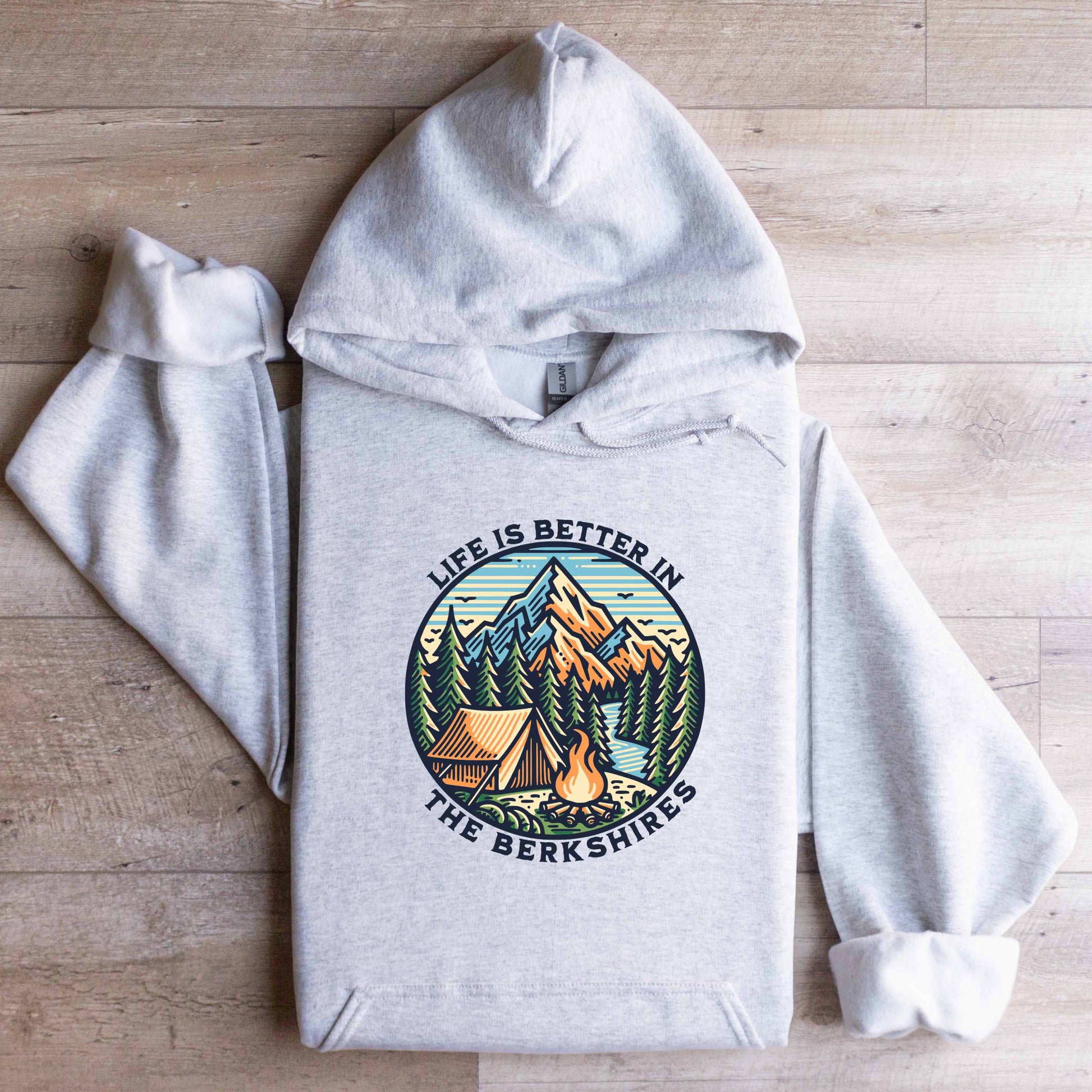 Gildan Hooded Sweatshirt Life Is Better In The Berkshires Ash Flat Lay