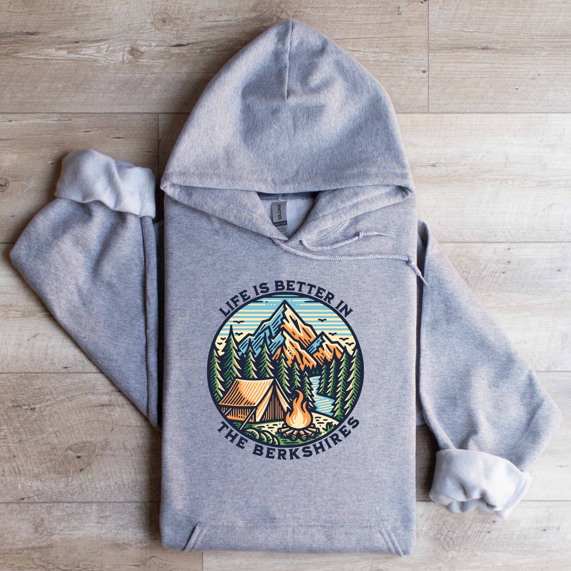 Gildan Hooded Sweatshirt Life Is Better In The Berkshires Sport Grey Flat Lay