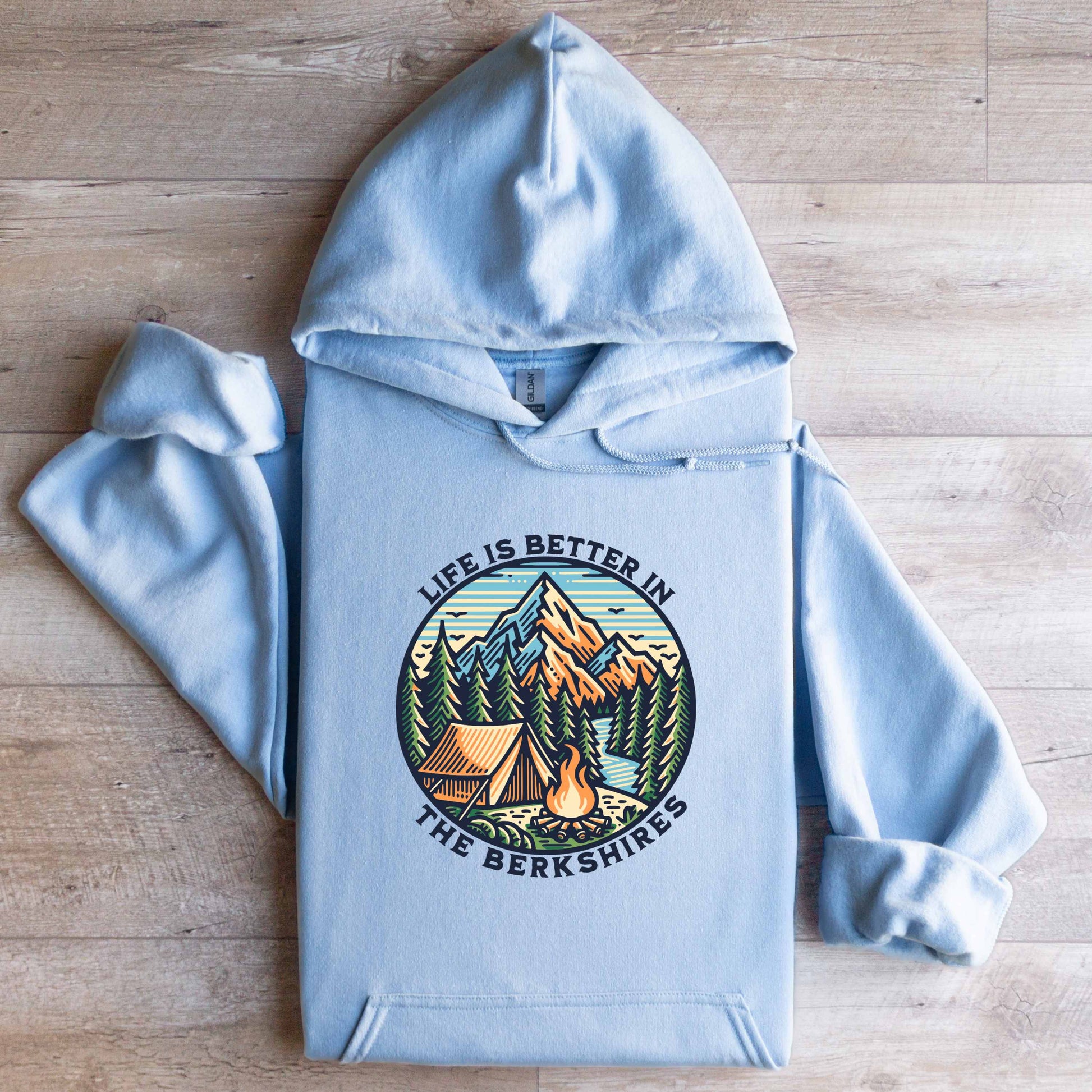 Gildan Hooded Sweatshirt Life Is Better In The Berkshires Light Blue Flat Lay