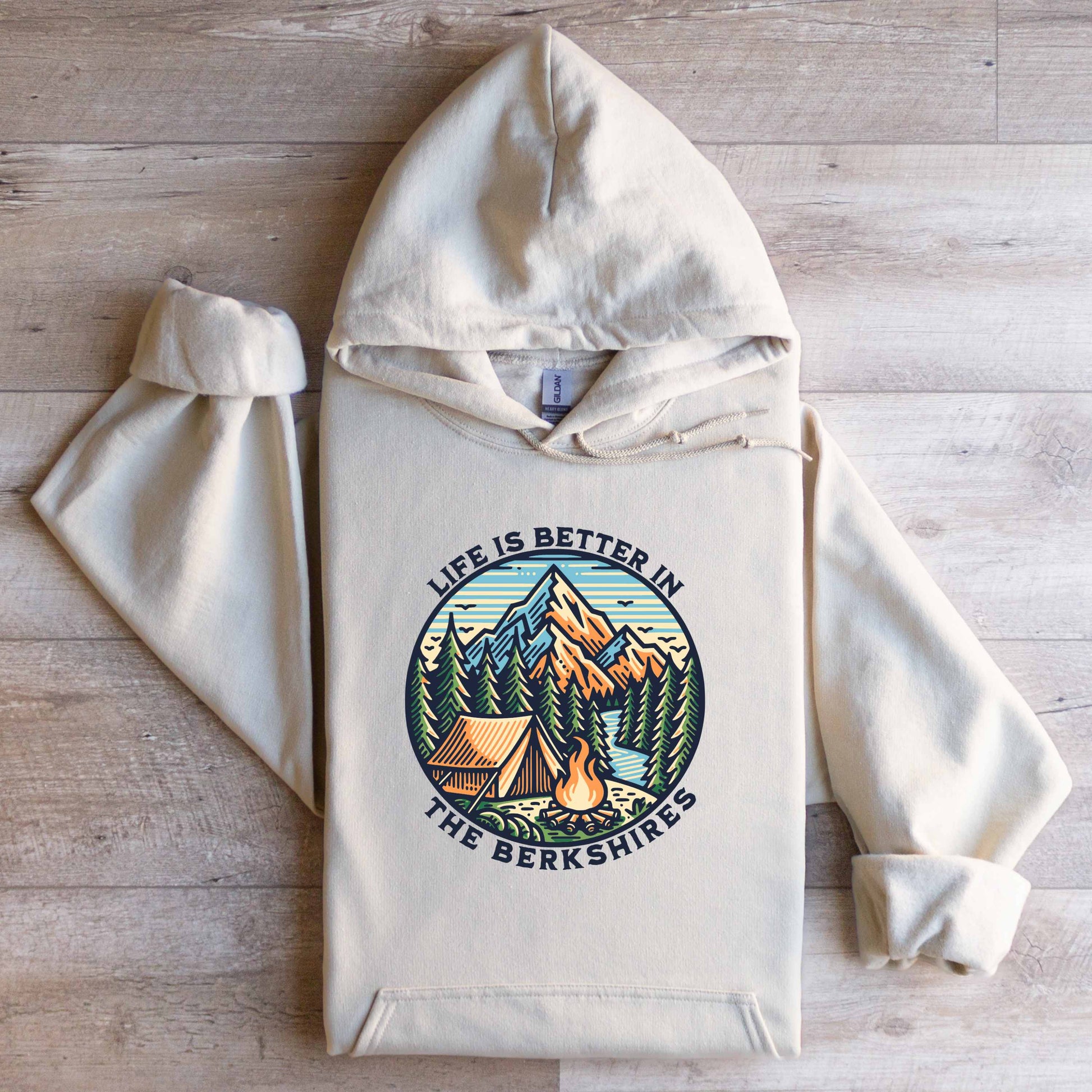 Gildan Hooded Sweatshirt Life Is Better In The Berkshires Sand Flat Lay