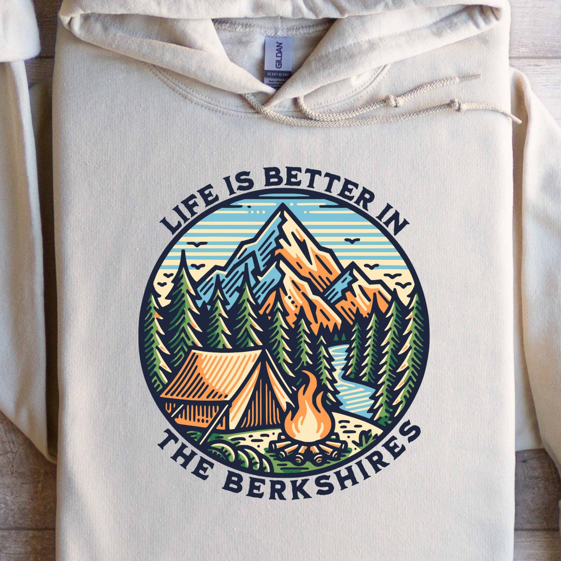 Gildan Hooded Sweatshirt Life Is Better In The Berkshires Sand Flat Lay