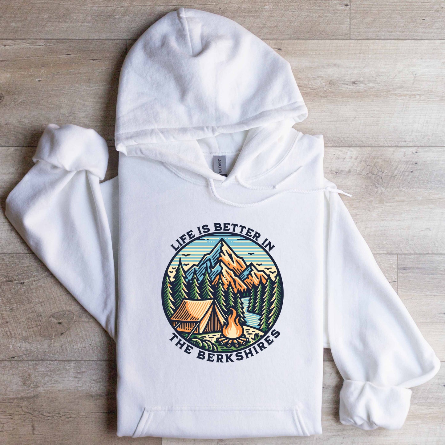 Gildan Hooded Sweatshirt Life Is Better In The Berkshires White Flat Lay