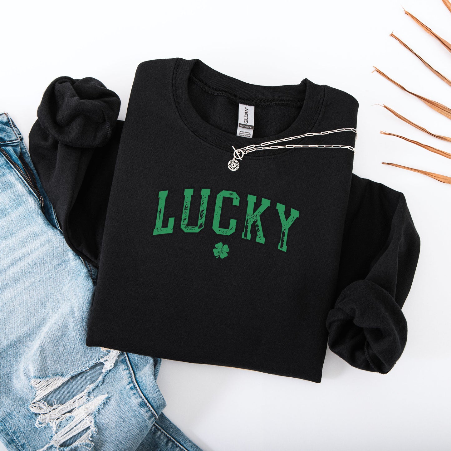 Lucky St Patricks Day Gildan Sweatshirt Black Flat Lay