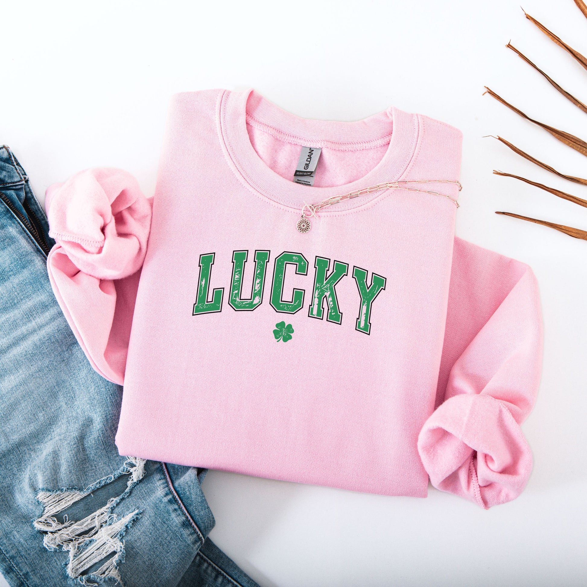 Lucky St Patricks Day Gildan Sweatshirt Light Pink Flat Lay