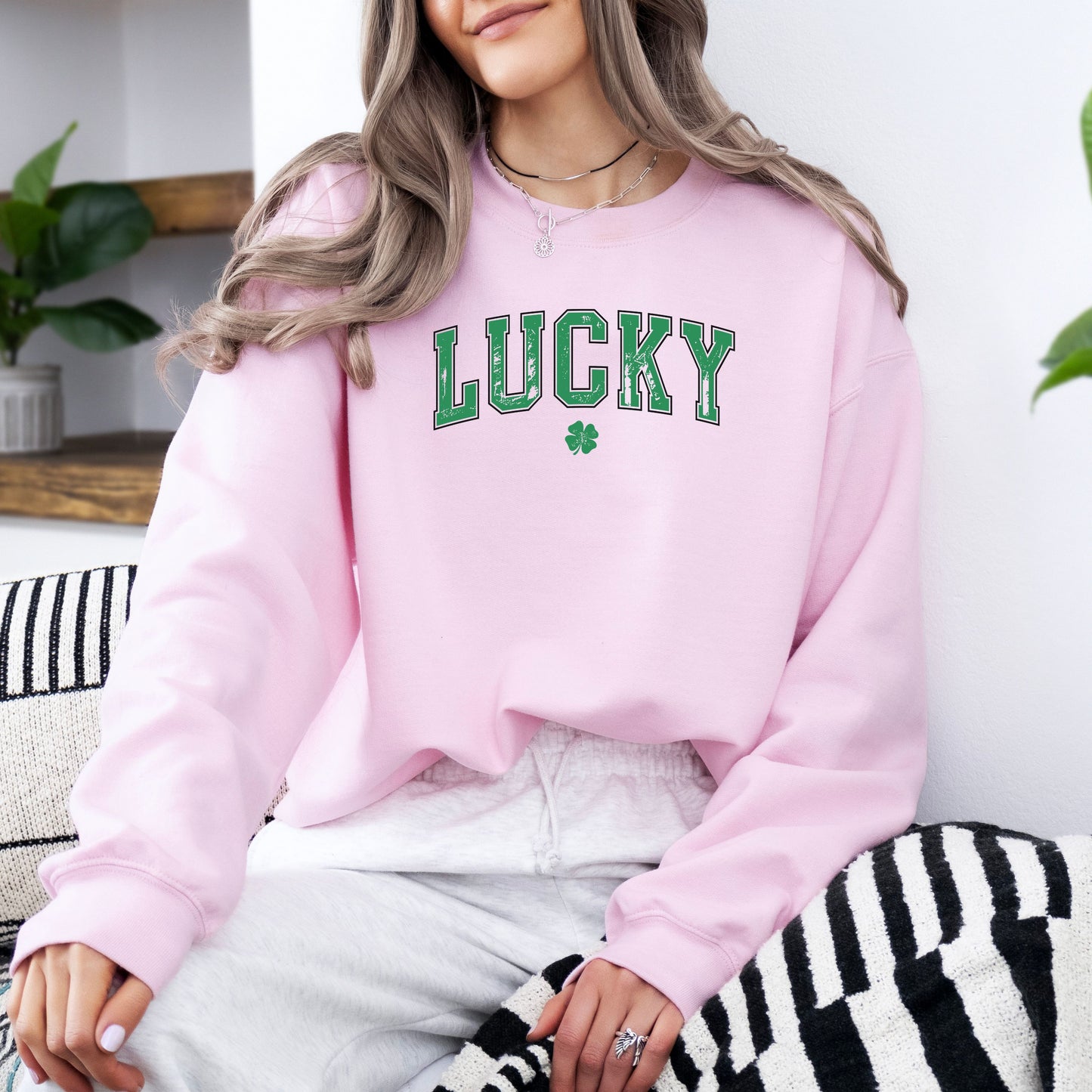 Lucky St Patricks Day Gildan Sweatshirt Light Pink on Model