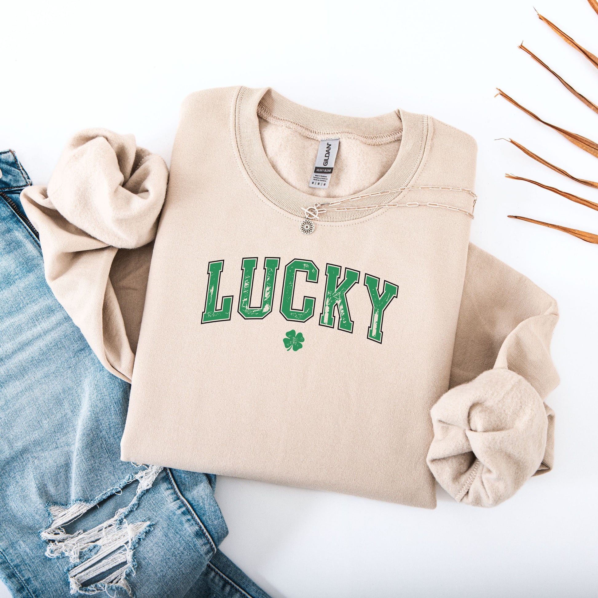 Lucky St Patricks Day Gildan Sweatshirt Sand Flat Lay