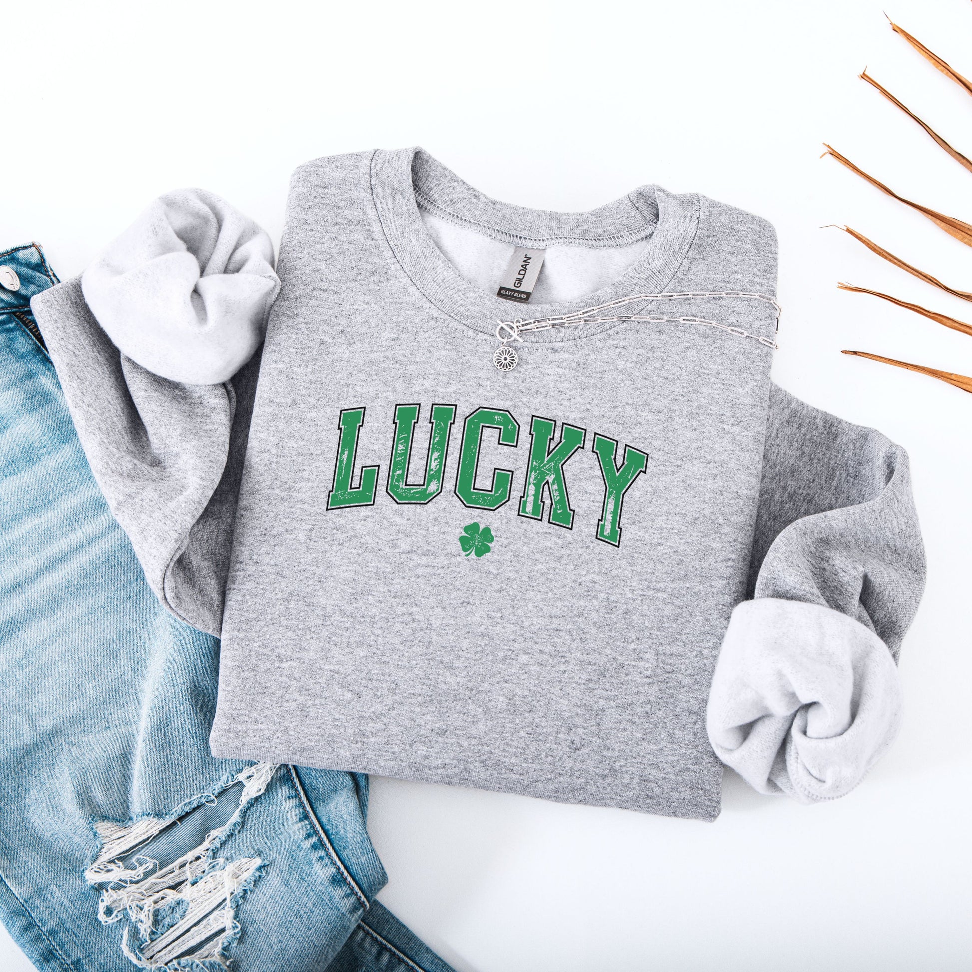 Lucky St Patricks Day Gildan Sweatshirt Sport Grey Flat Lay