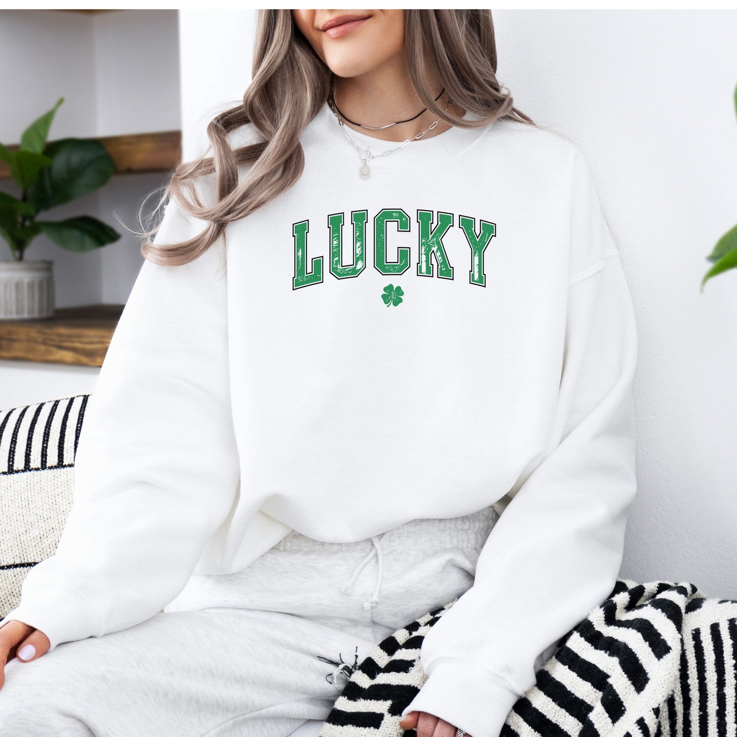 Lucky St Patricks Day Gildan Sweatshirt White on Model