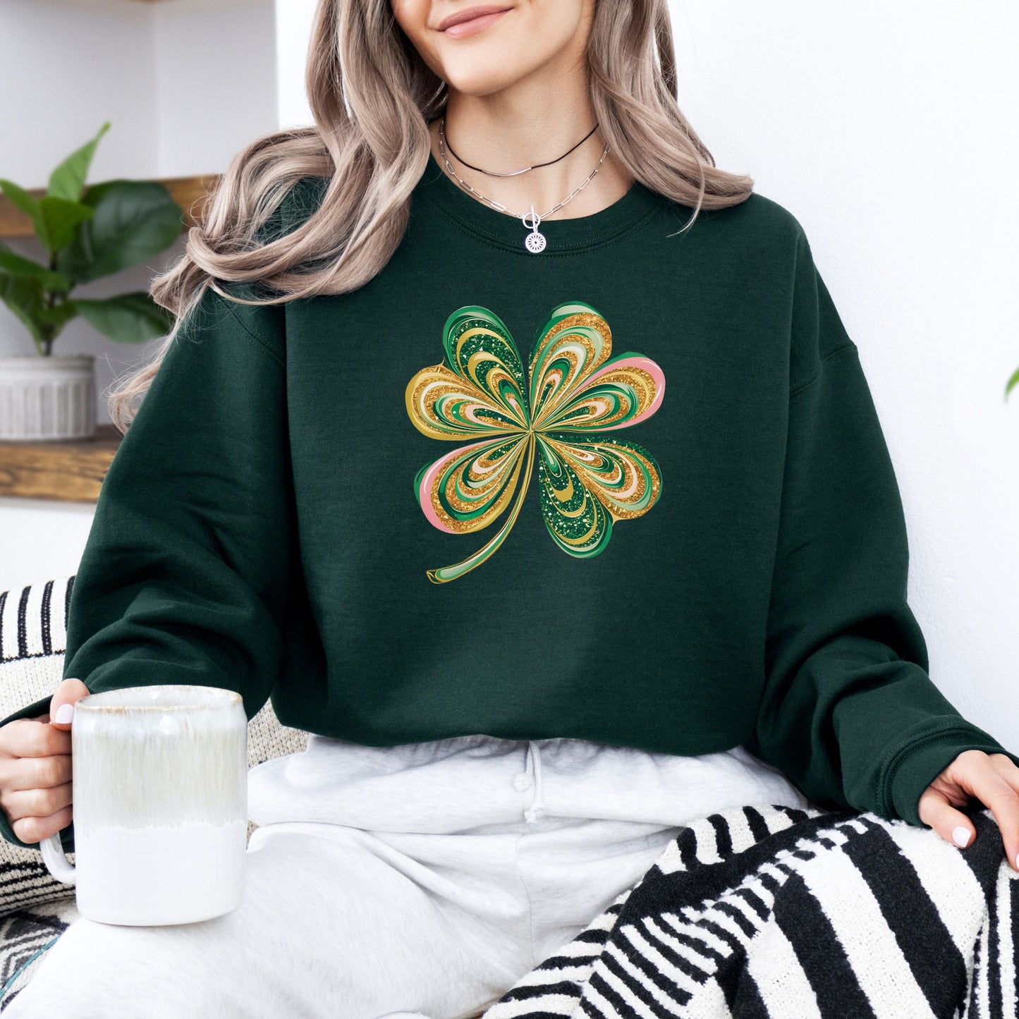 Retro shamrock design on Gildan forest green sweatshirt on model