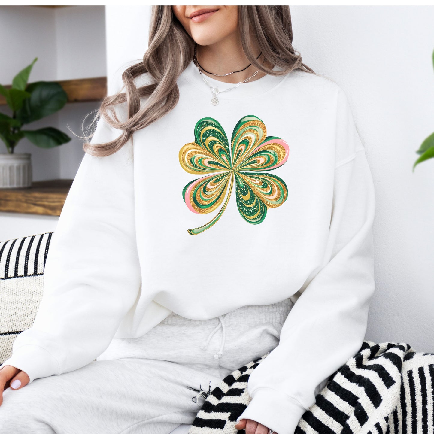 Retro shamrock design on Gildan white sweatshirt on model