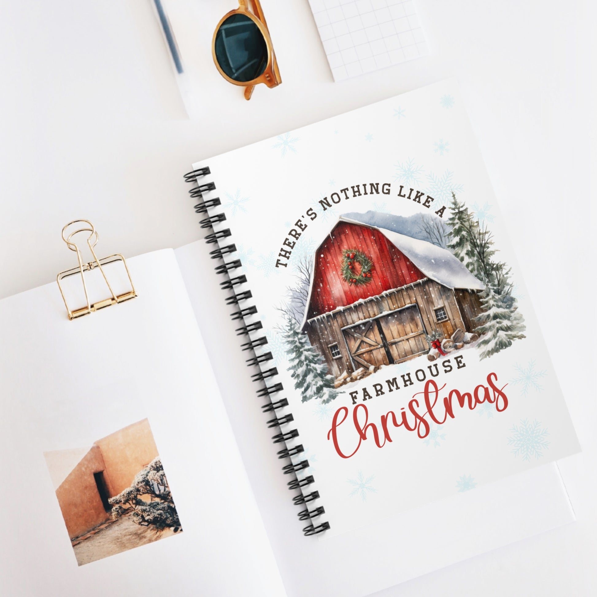 Spiral Notebook Farmhouse Christmas Context View On Desk of Barn and text There's Nothing Like A Farmhouse Christmas