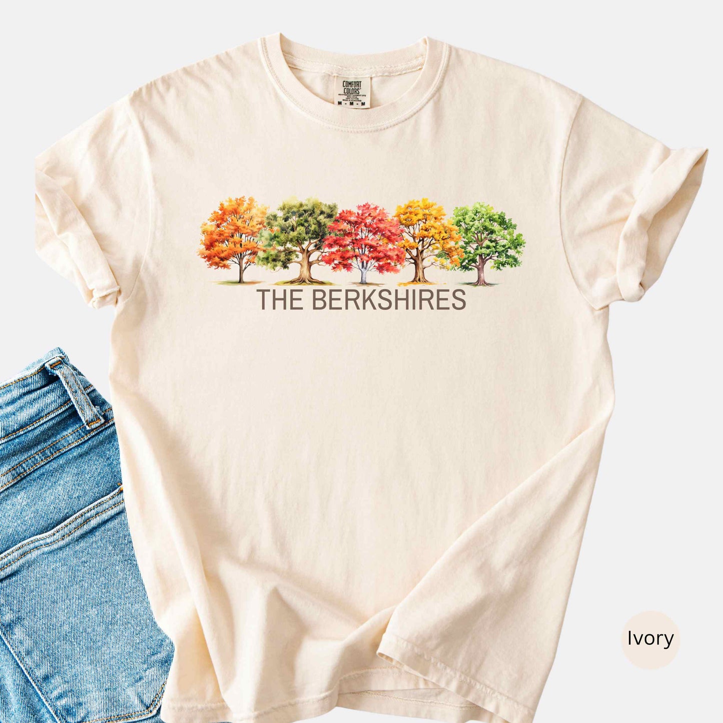 The Berkshires Fall t-shirt with autumn trees in the color ivory.
