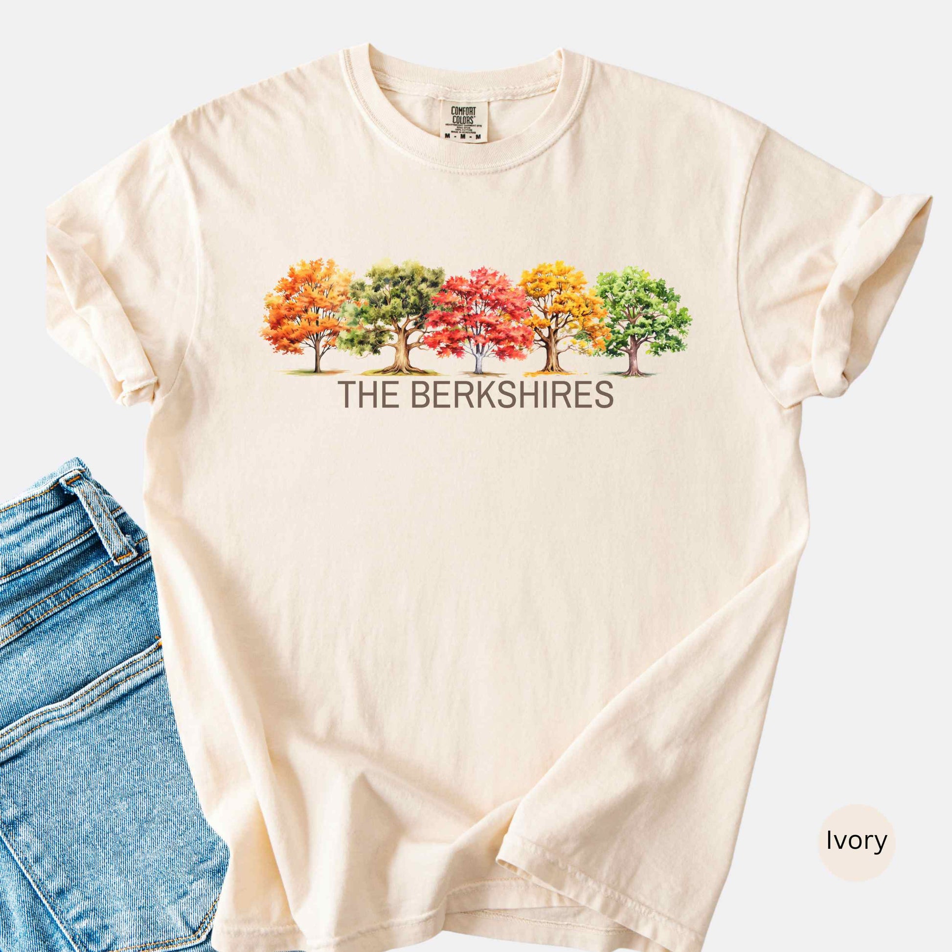 The Berkshires Fall t-shirt with autumn trees in the color ivory.