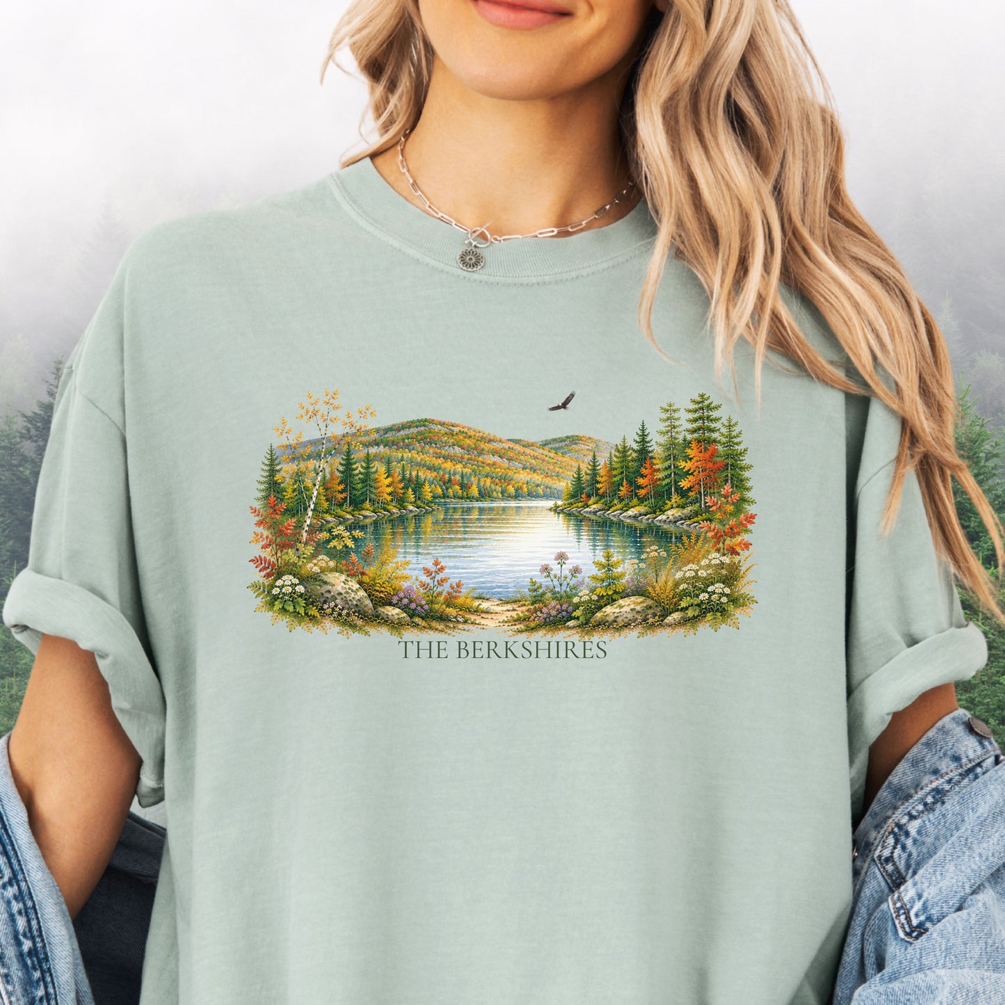 Person wearing The Berkshires autumn landscape Comfort Colors T-shirt with colorful fall foliage, mountains, lake and eagle in the bay.
