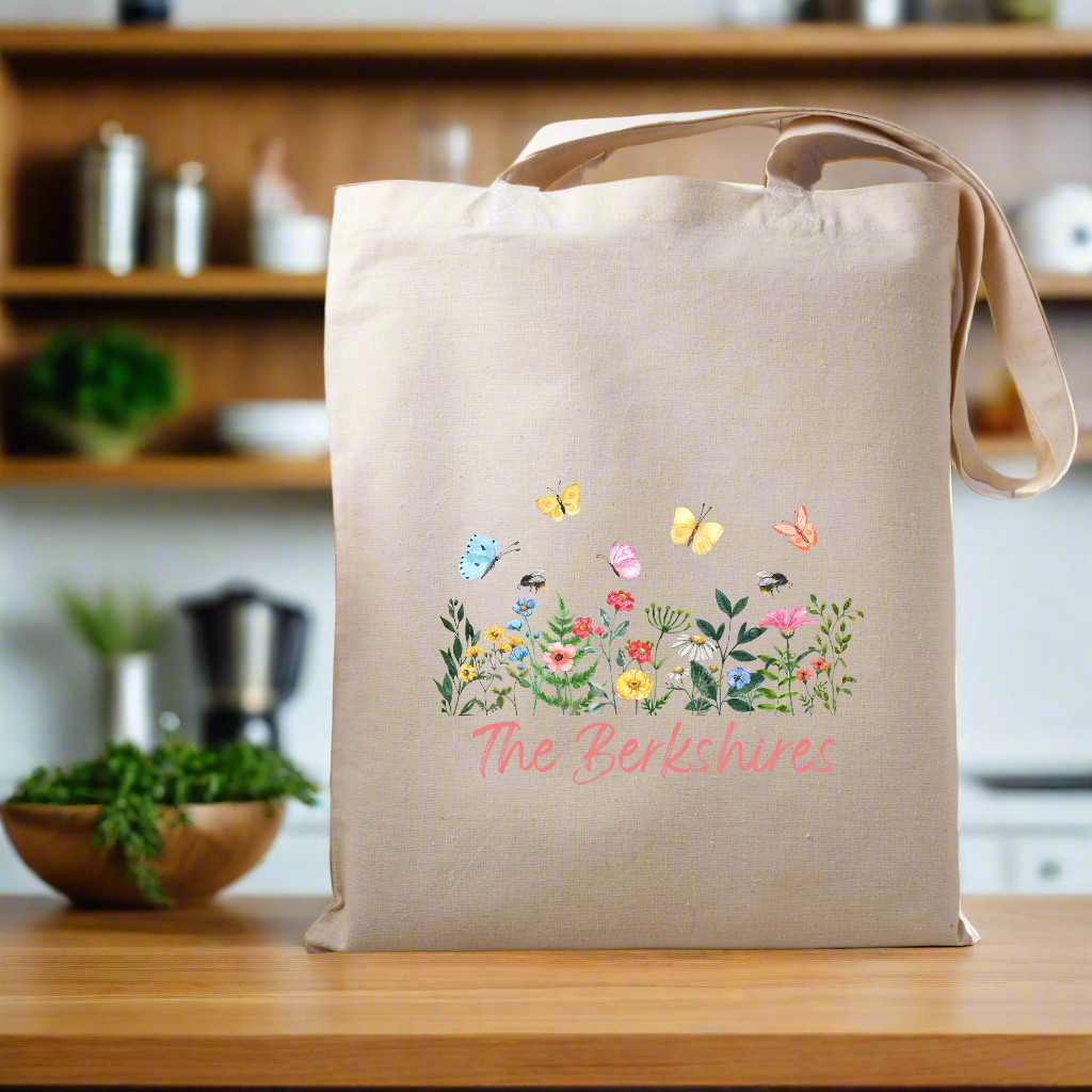 Canvas Tote Bag The Berkshires Floral on Kitchen Counter