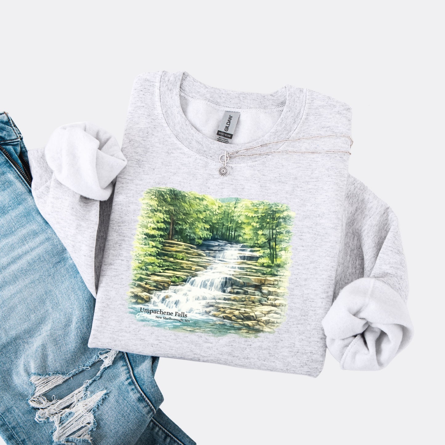 Umpachene Falls crewneck sweatshirt with waterfall design in the color ash