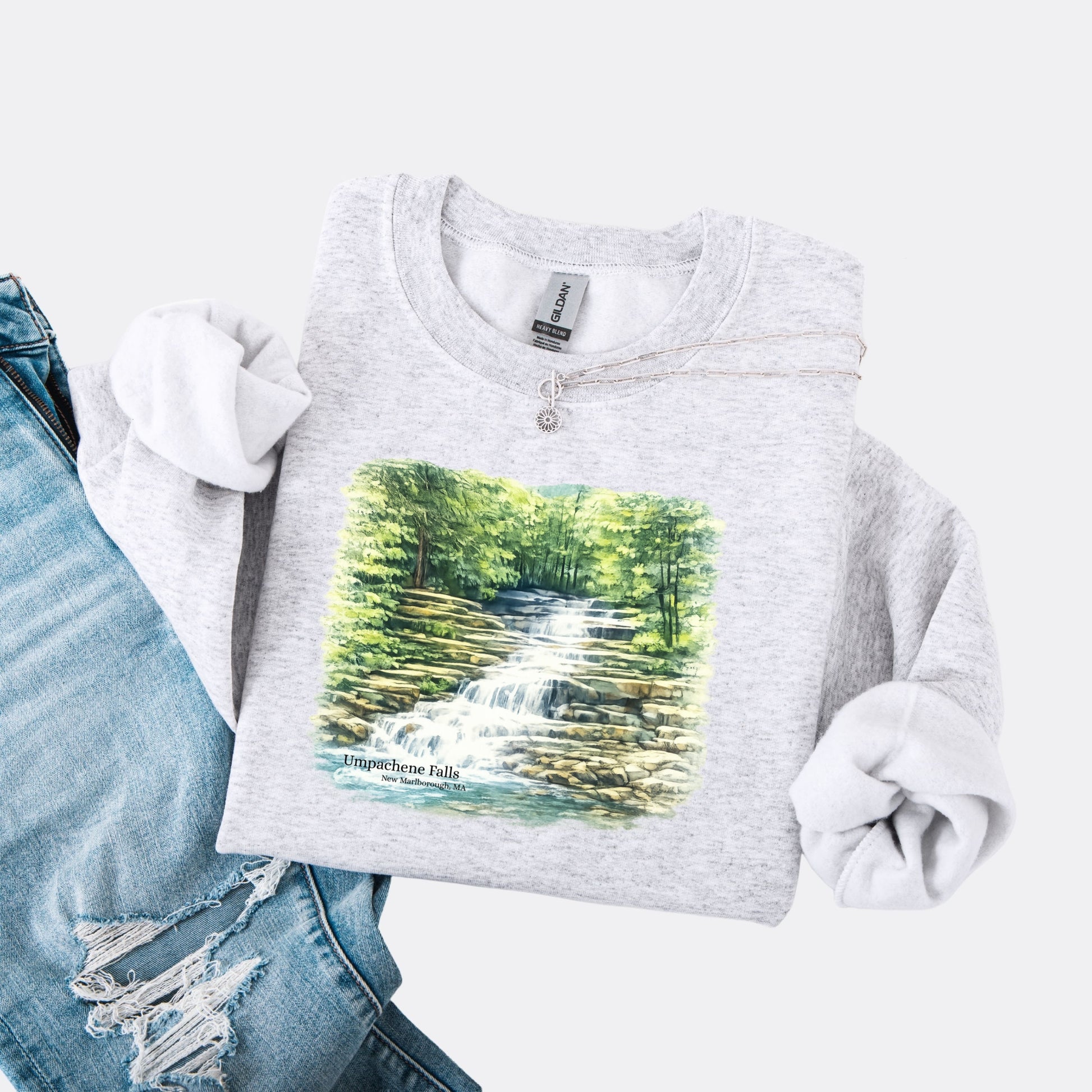 Umpachene Falls crewneck sweatshirt with waterfall design in the color ash