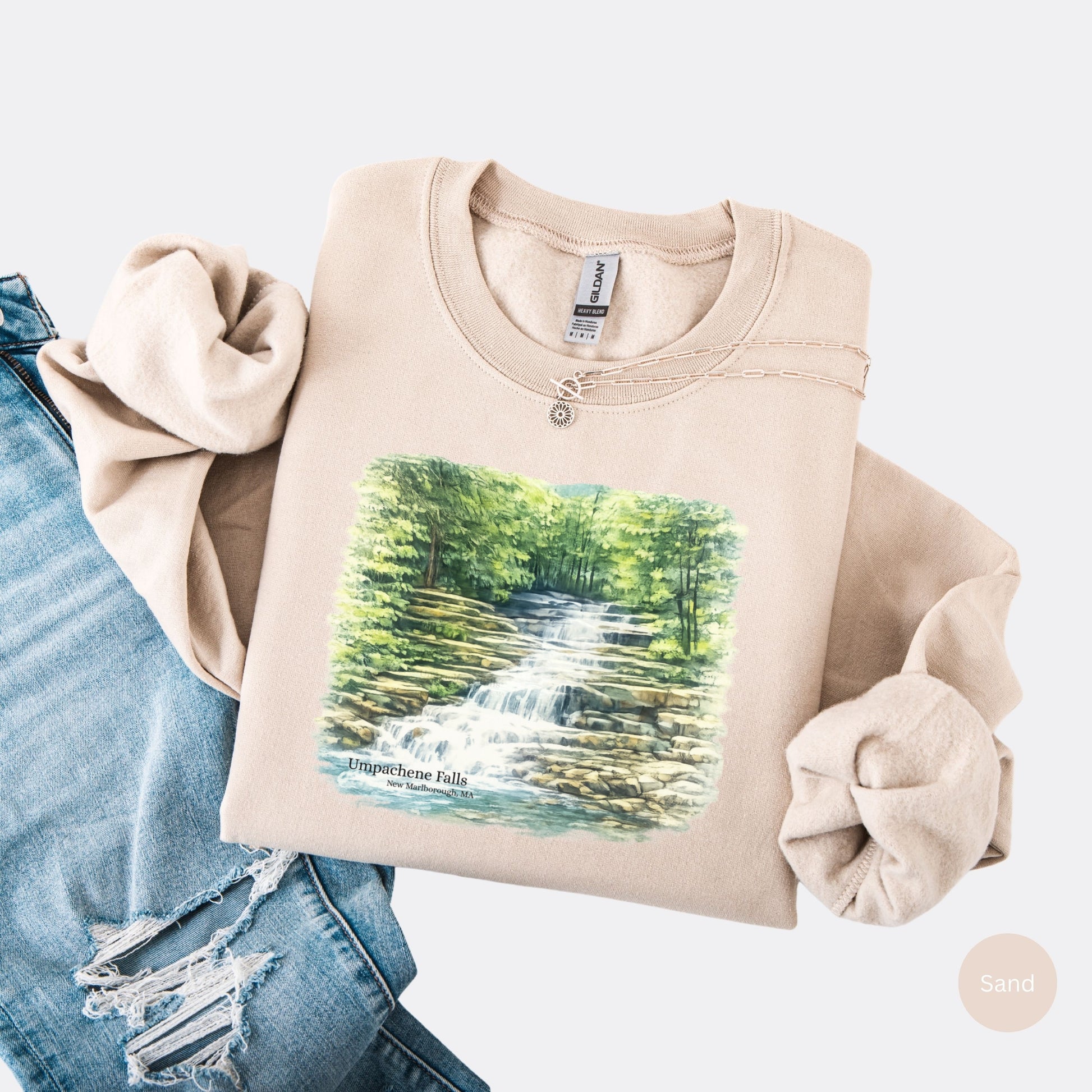 Umpachene Falls crewneck sweatshirt with waterfall design in the color sand