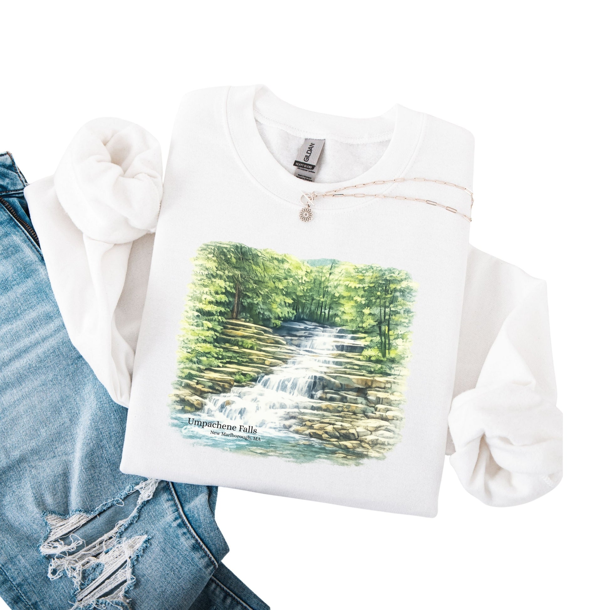 Umpachene Falls crewneck sweatshirt with waterfall design in the color white