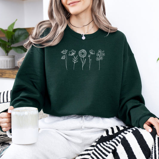 Wildflowers Crewneck Sweatshirt forest green with white flowers